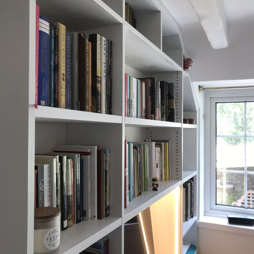 Bespoke library/study. Made from mdf painted farrow and ball