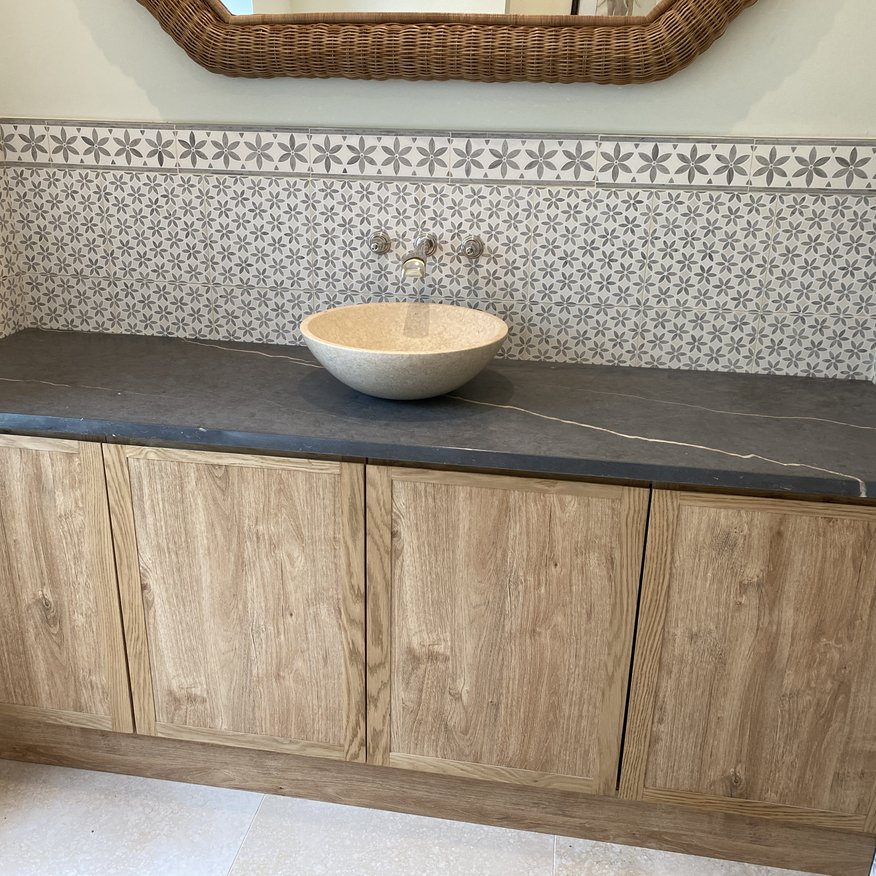 Bespoke Bathroom vanity unit made from Oak with a Blue Lias worktop