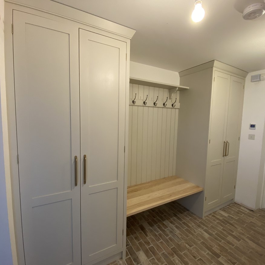 Portland Stone Light Litgle Greene and Farrow and Ball bespoke kitchen with ash worktop