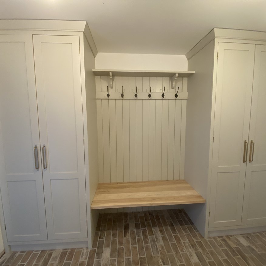 Bespoke utility room, kitchen with ash worktop and painted in Little Greene paint