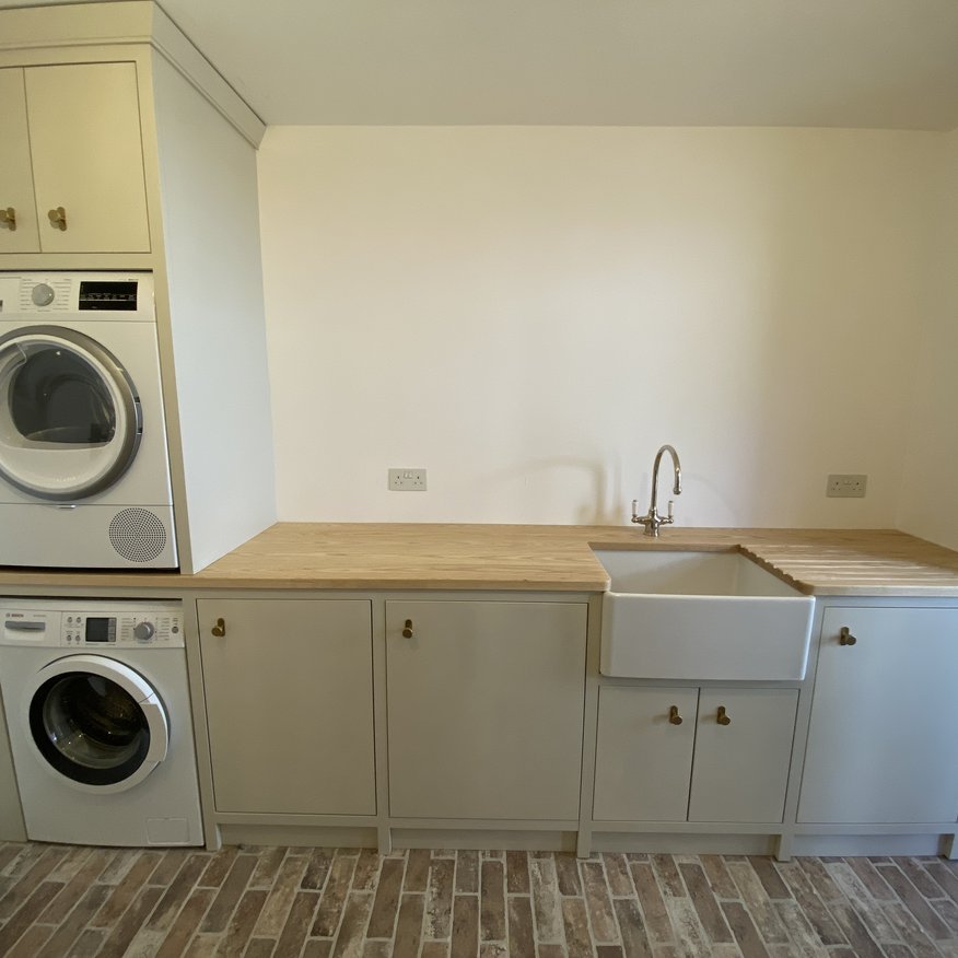 Bespoke kitchen/utility room ash worktop and Little Greene Portland Stone Light